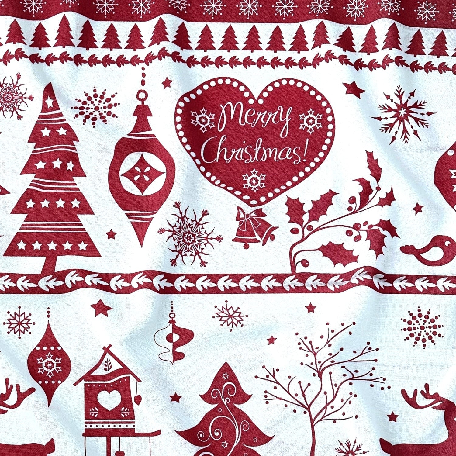 Cotton Fabric - Christmas Trees and Reindeer Red on White