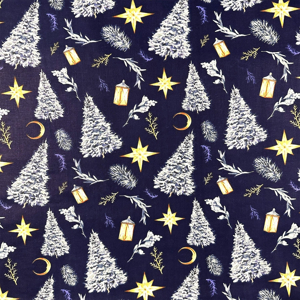 Cotton Fabric - Christmas Trees and Stars, Navy Blue