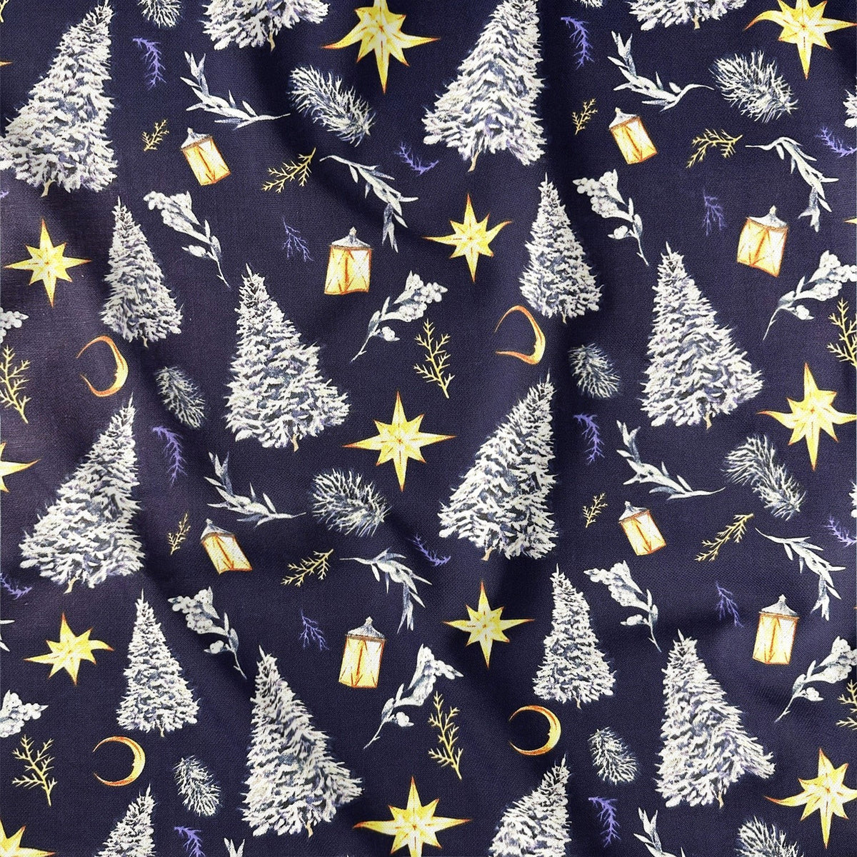 Cotton Fabric - Christmas Trees and Stars, Navy Blue