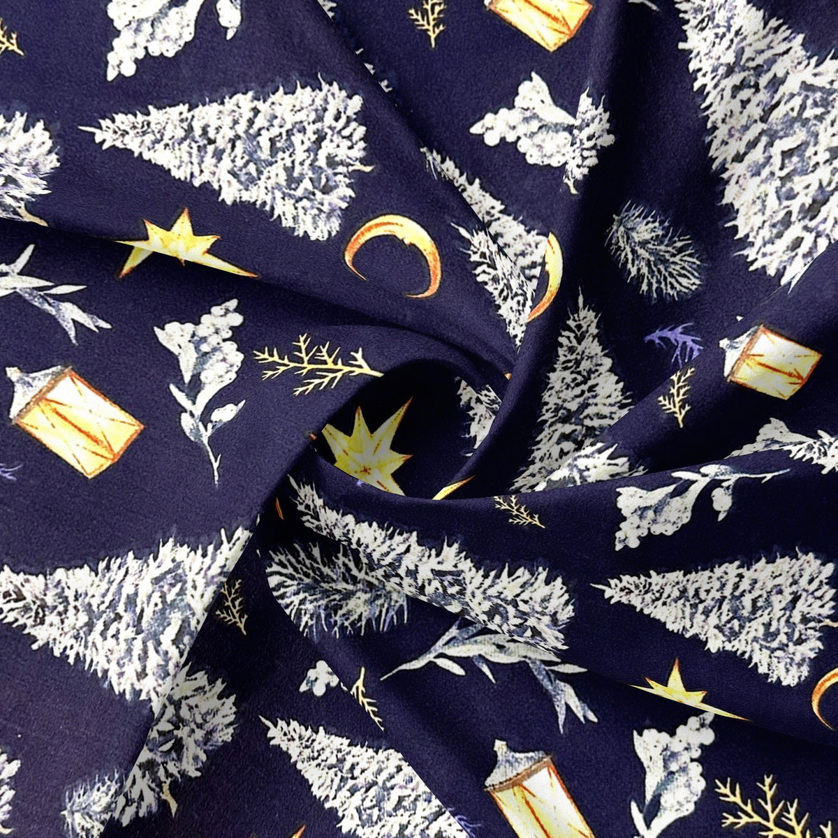 Cotton Fabric - Christmas Trees and Stars, Navy Blue