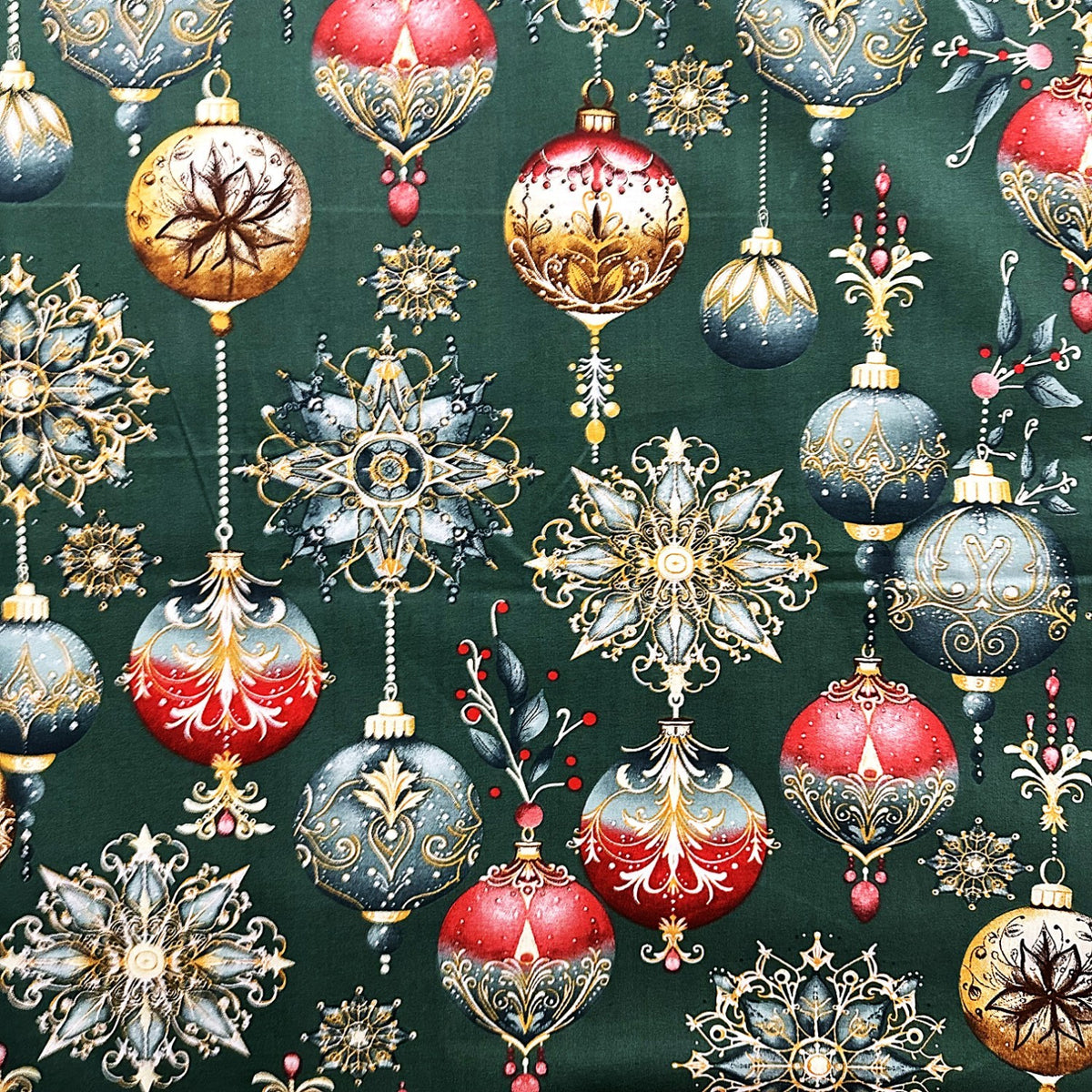 Cotton Fabric - Christmas decorative green baubles