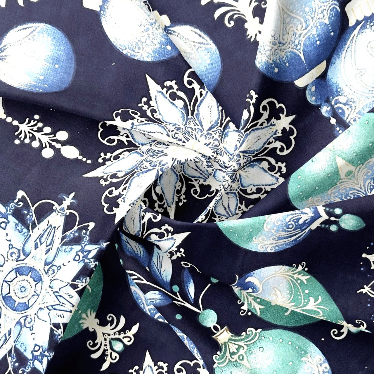 Cotton Fabric - Christmas decorative navy blue baubles
