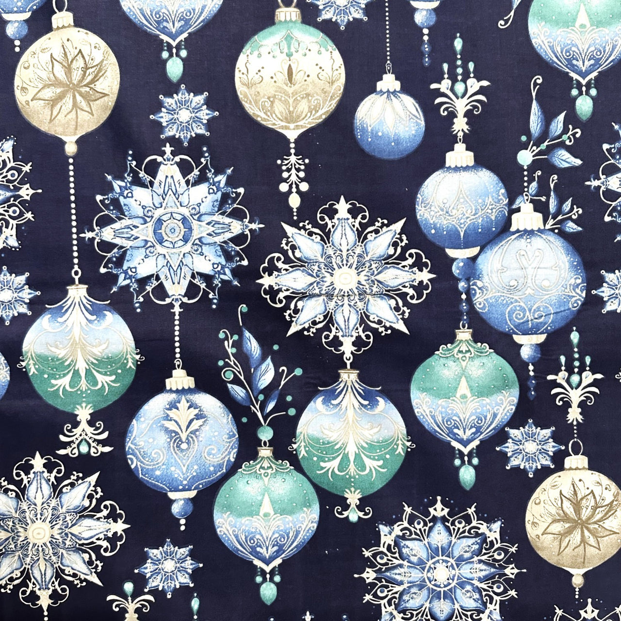 Cotton Fabric - Christmas decorative navy blue baubles