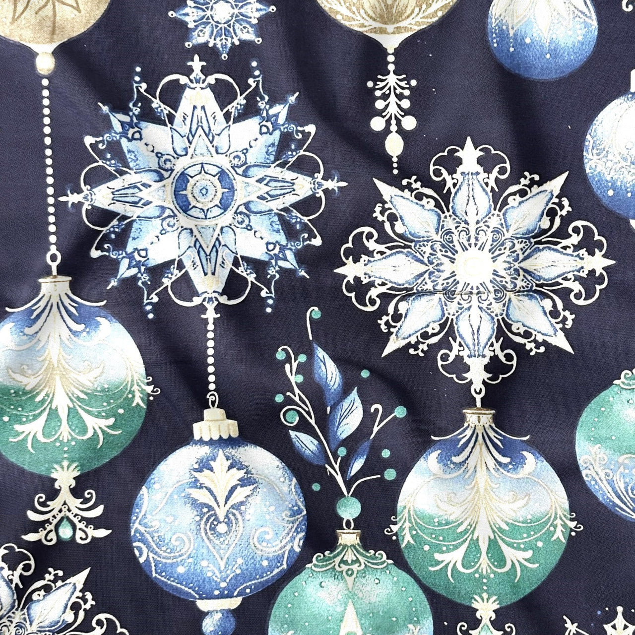Cotton Fabric - Christmas decorative navy blue baubles
