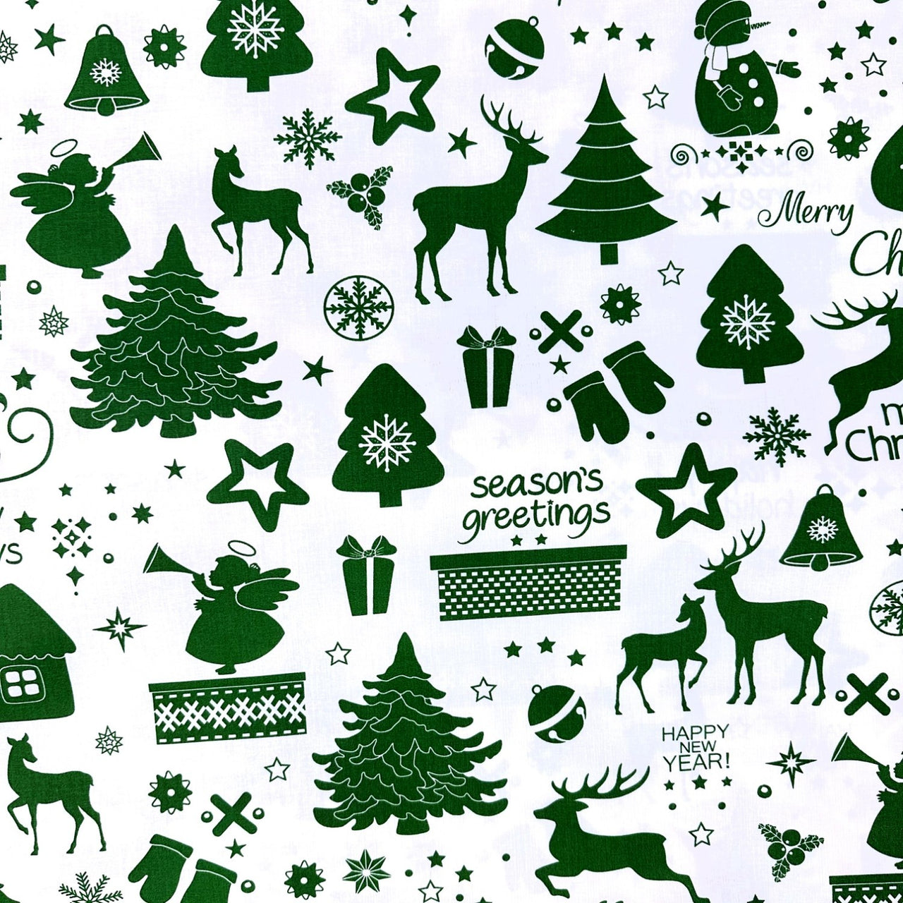 Cotton Fabric - Christmas greetings, Green
