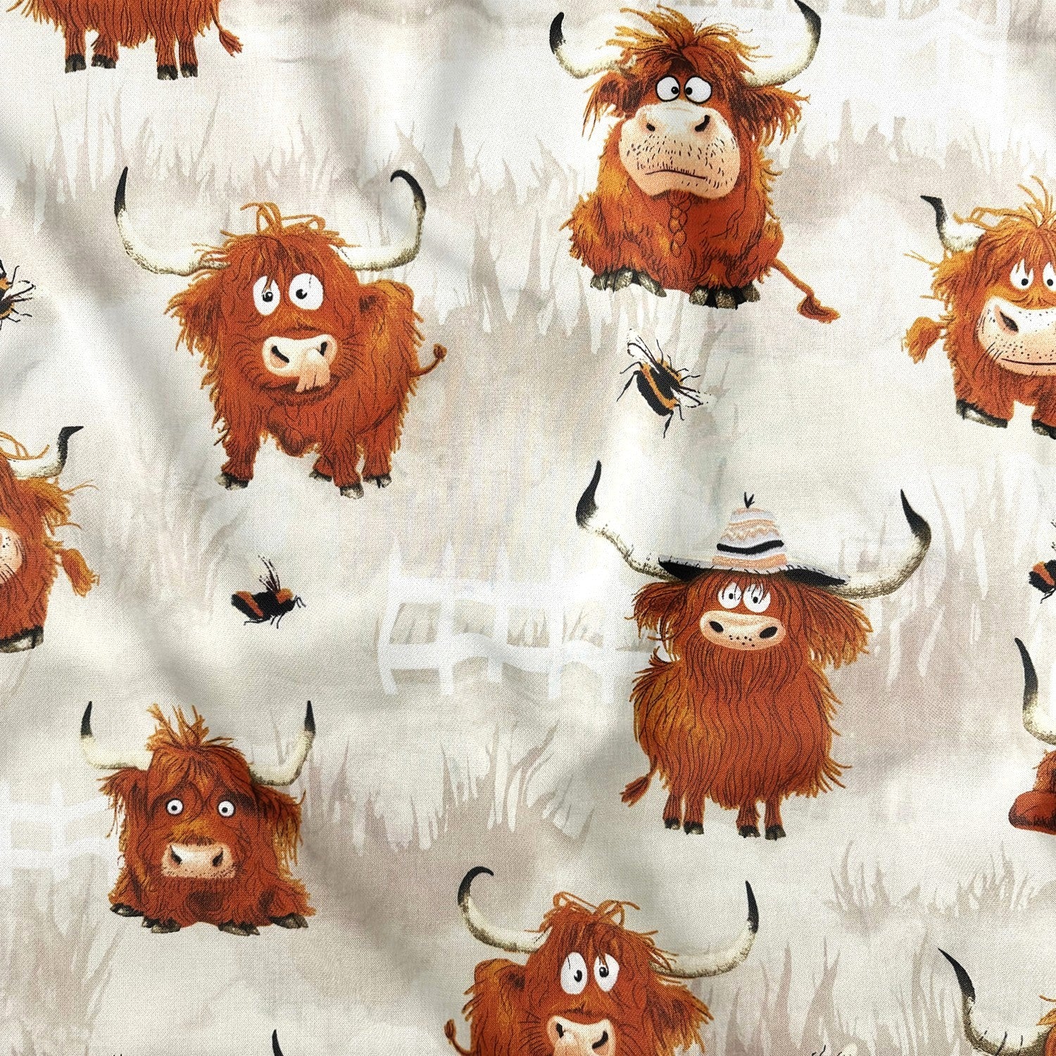 Cotton Fabric - Crazy Cows on the Meadow, Beige