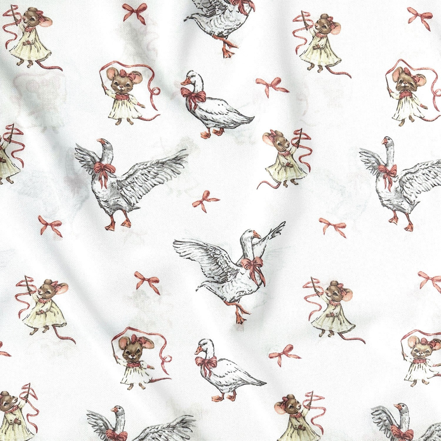 Cotton Fabric - Dancing white goslings