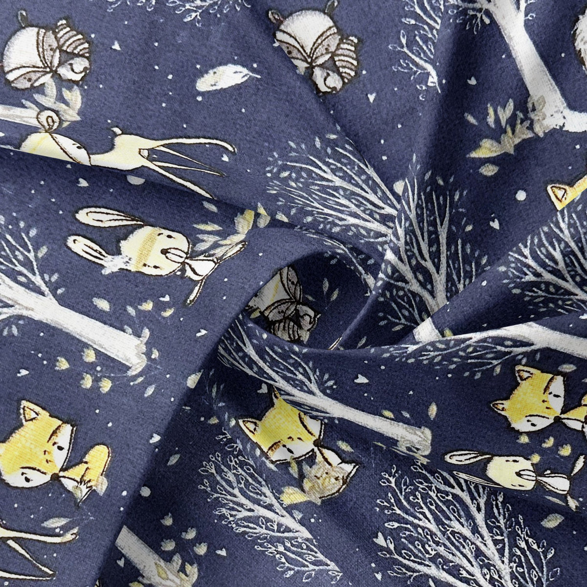 Cotton Fabric - Deer hare and raccoon, navy blue