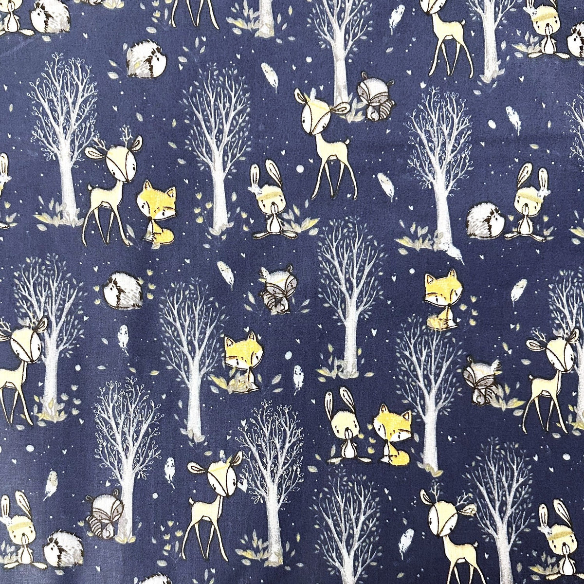 Cotton Fabric - Deer hare and raccoon, navy blue