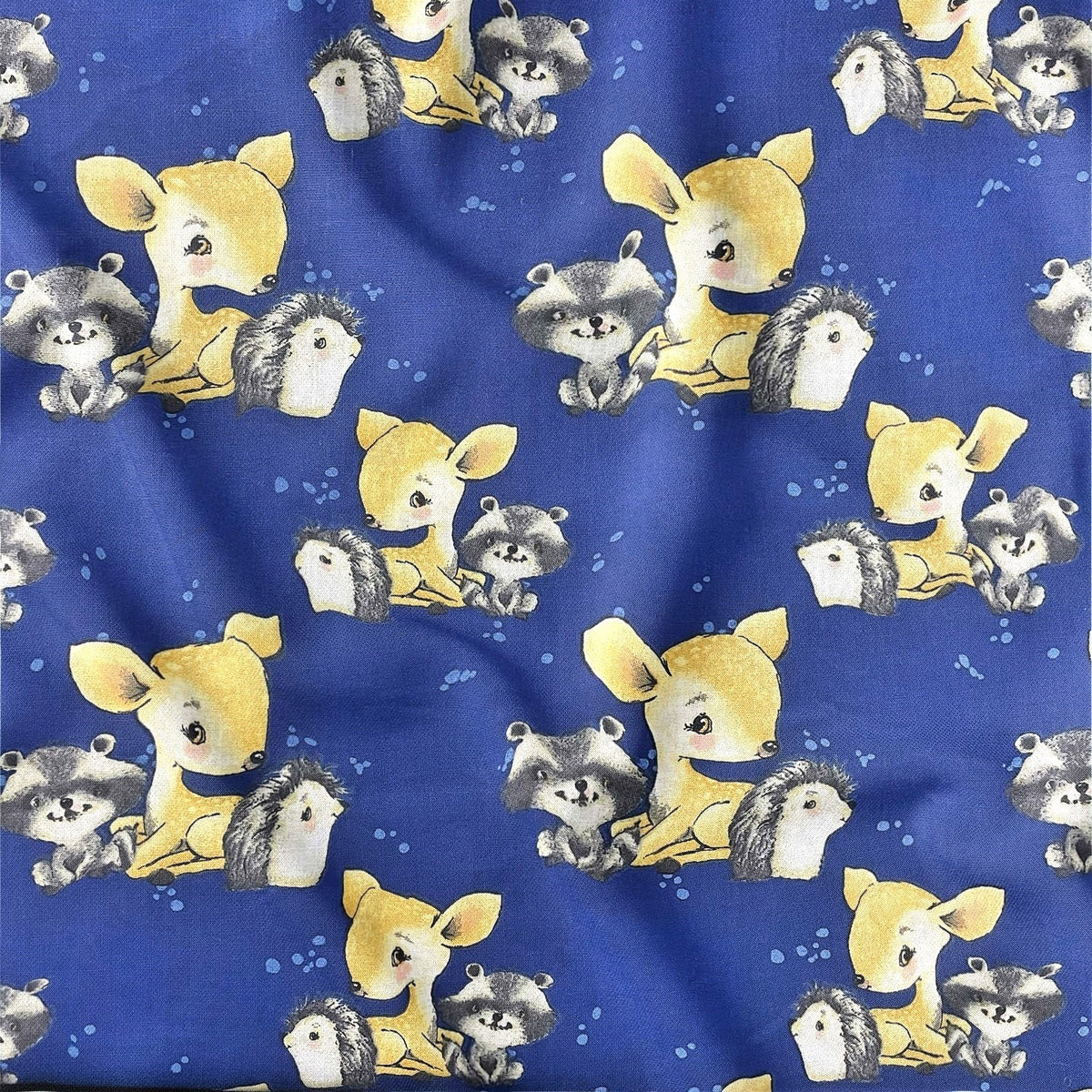 Cotton Fabric - Deer raccoon and hedgehog navy blue