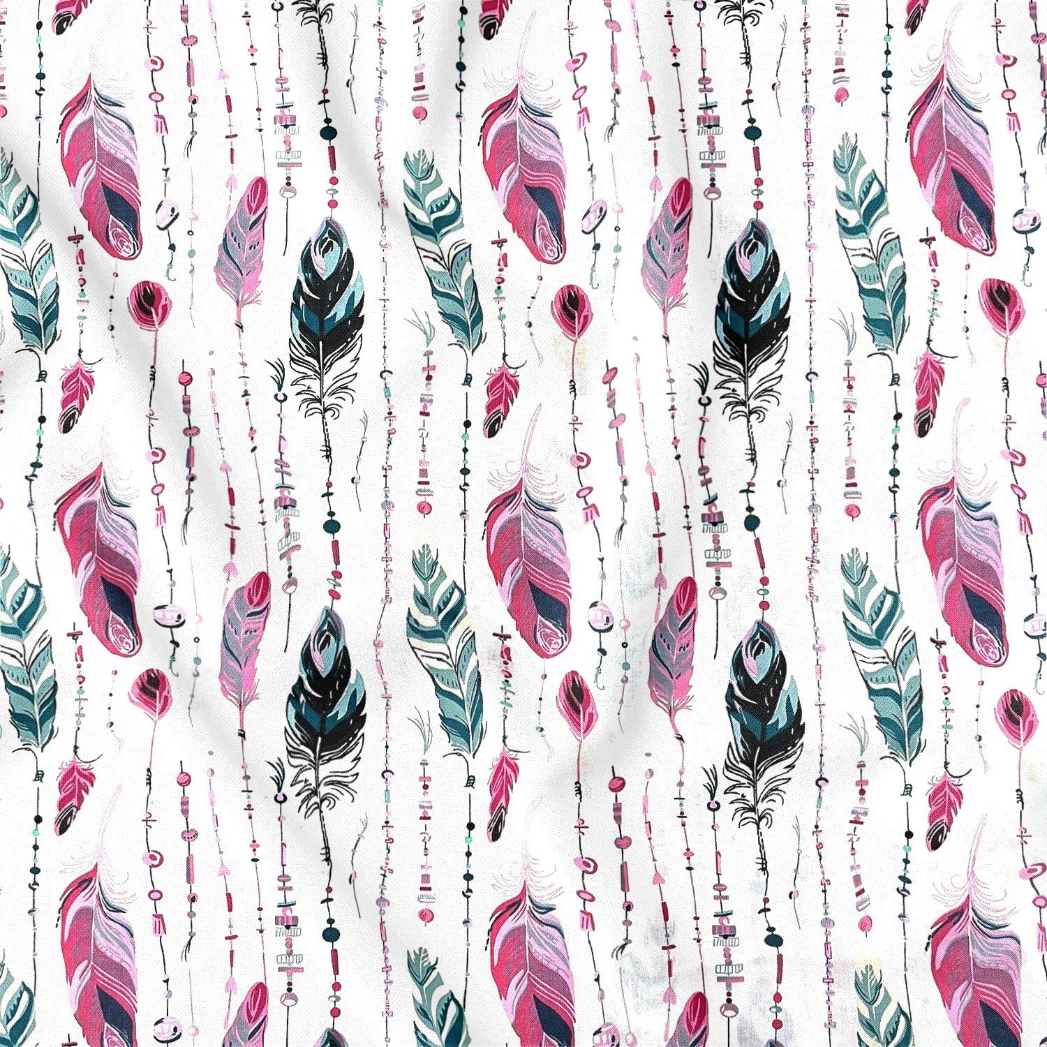 Cotton Fabric - Feathers and Beads Green and Pink