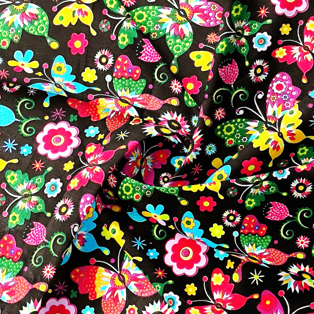 Cotton Fabric - Folk butterflies Black
