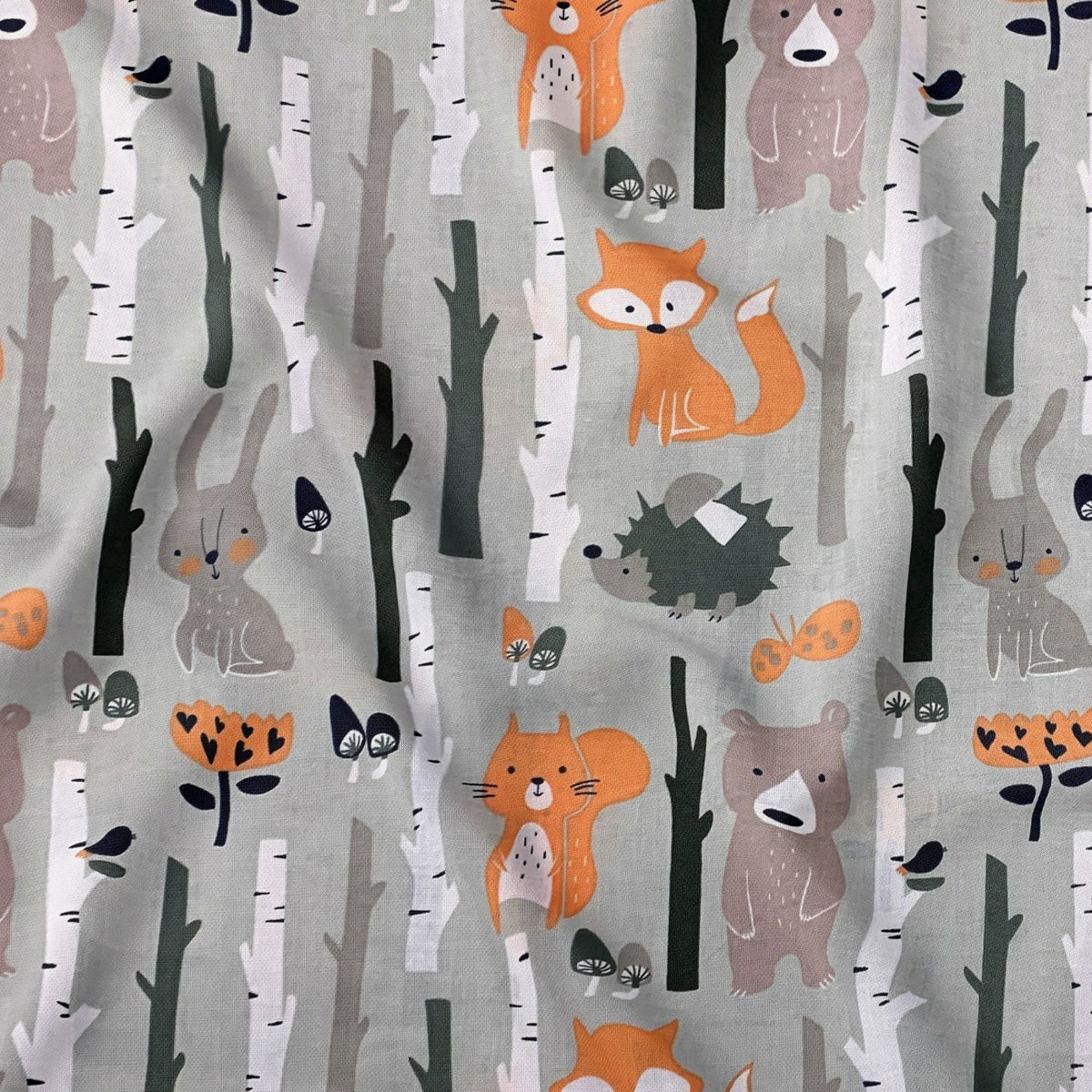 Cotton Fabric - Forest Animals Grey