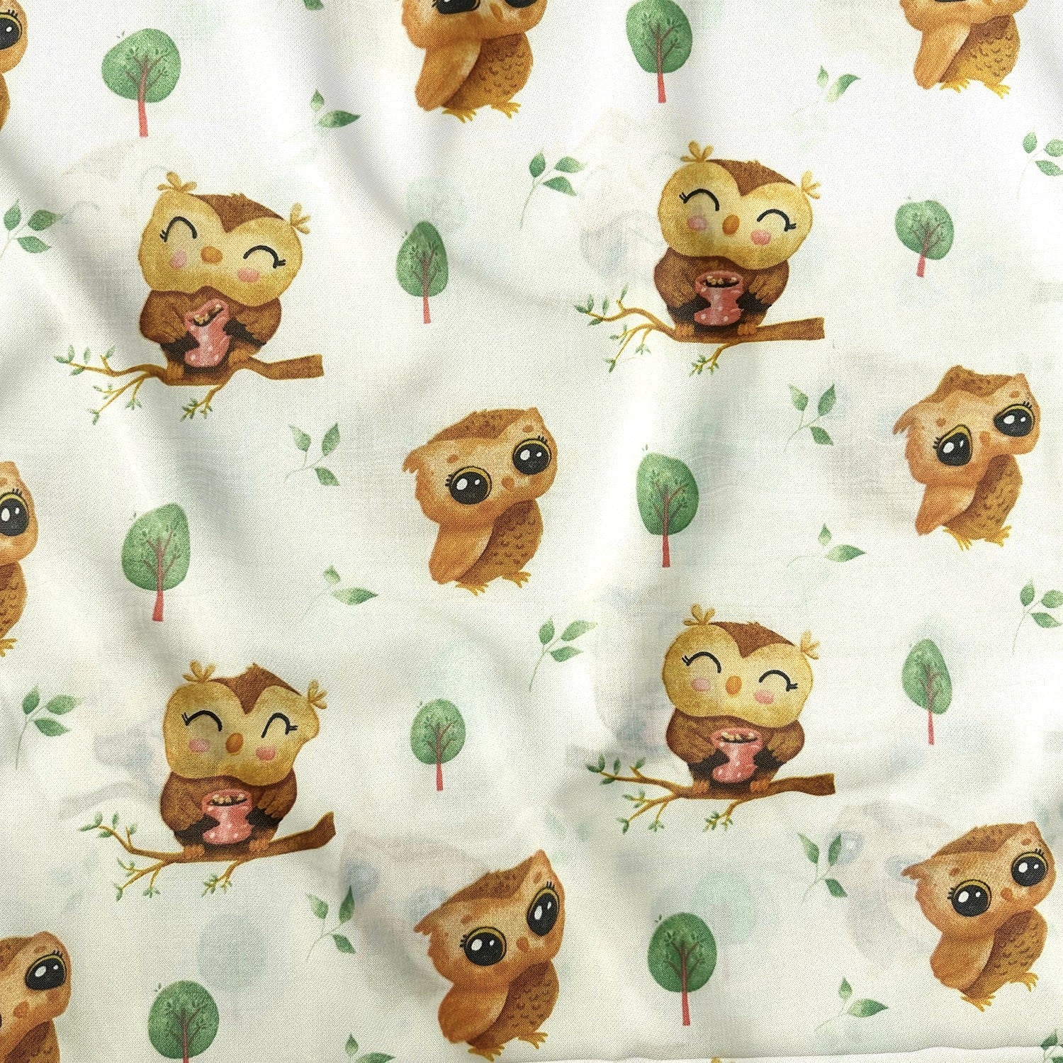 Cotton Fabric - Forest Owls on Ecru