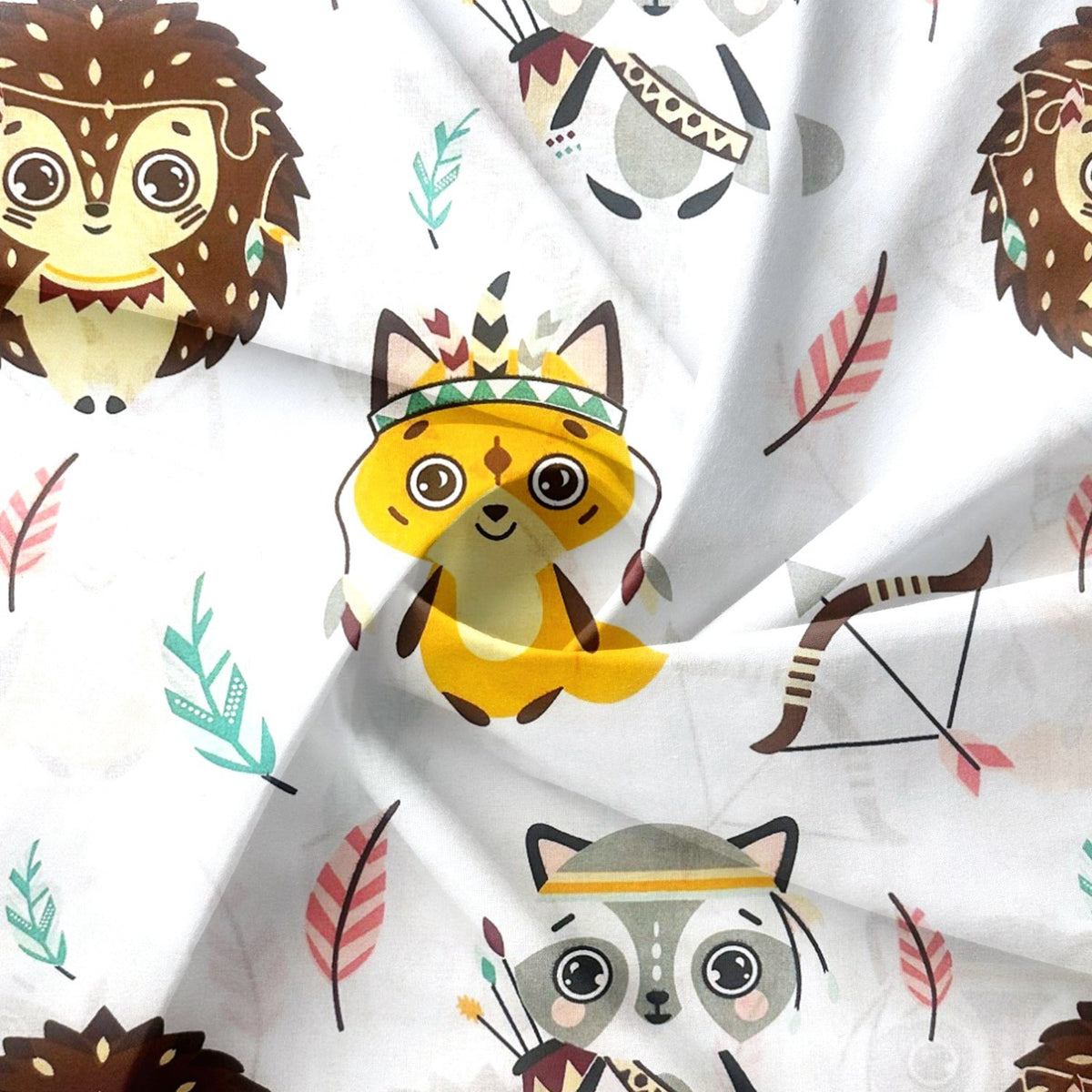 Cotton Fabric - Foxes and Owls White