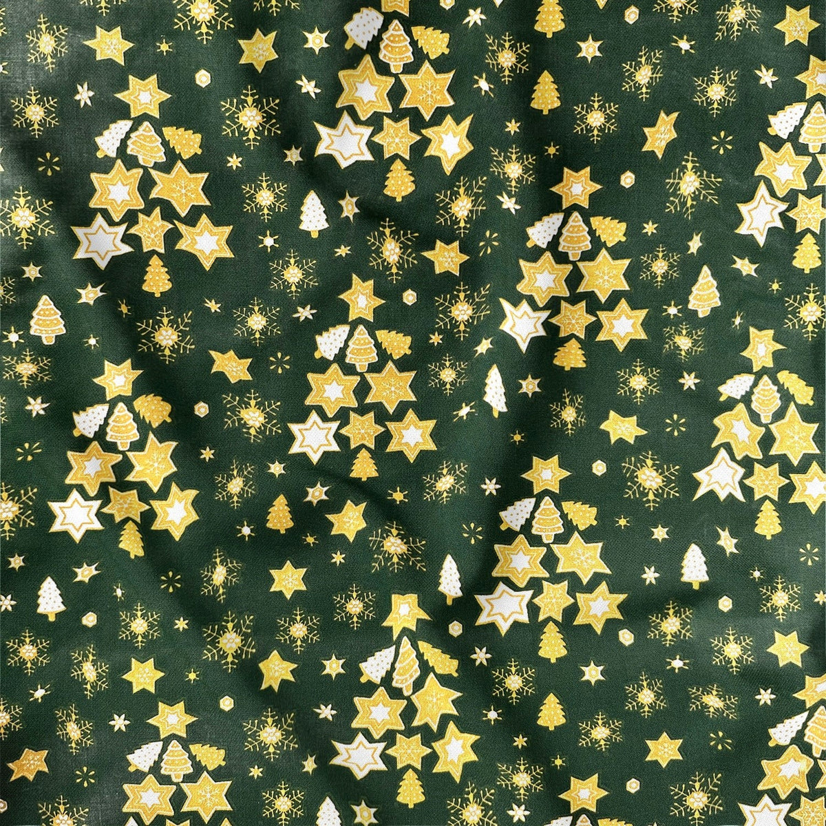 Cotton Fabric - Golden Christmas Trees Green