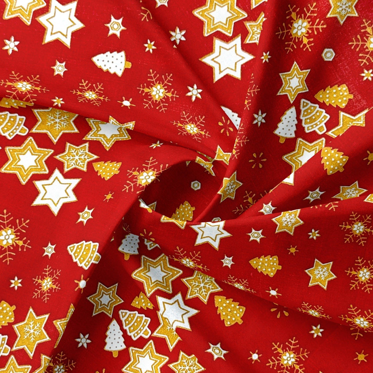Cotton Fabric - Golden Christmas Trees Red