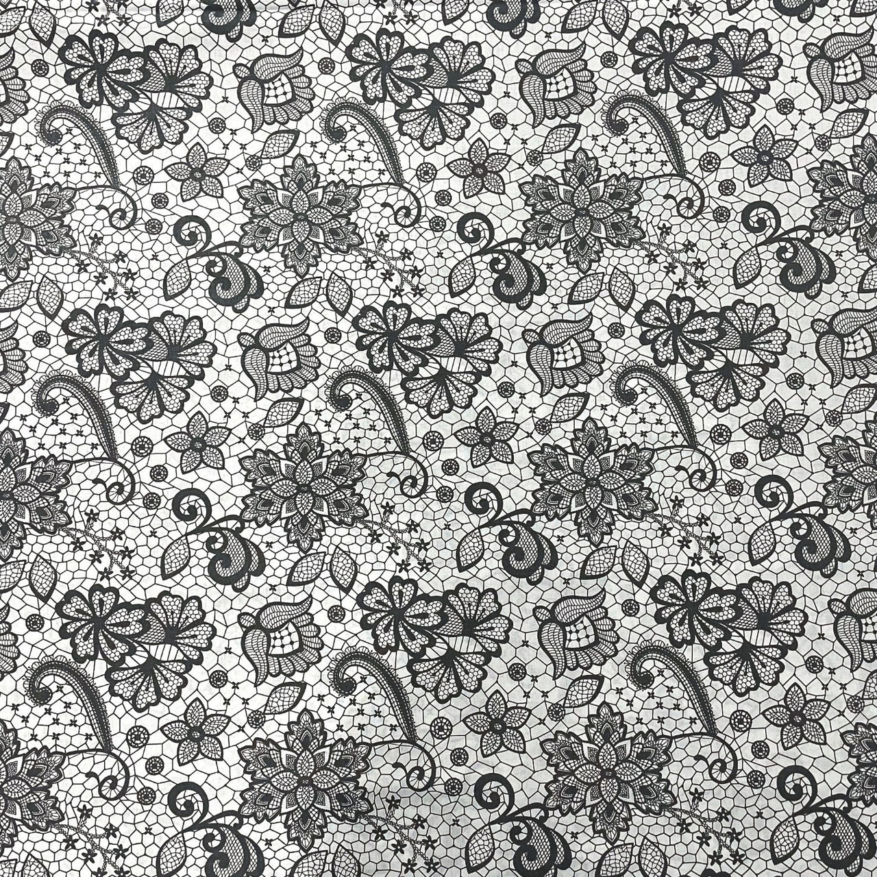 Cotton Fabric - Grey Lace on White