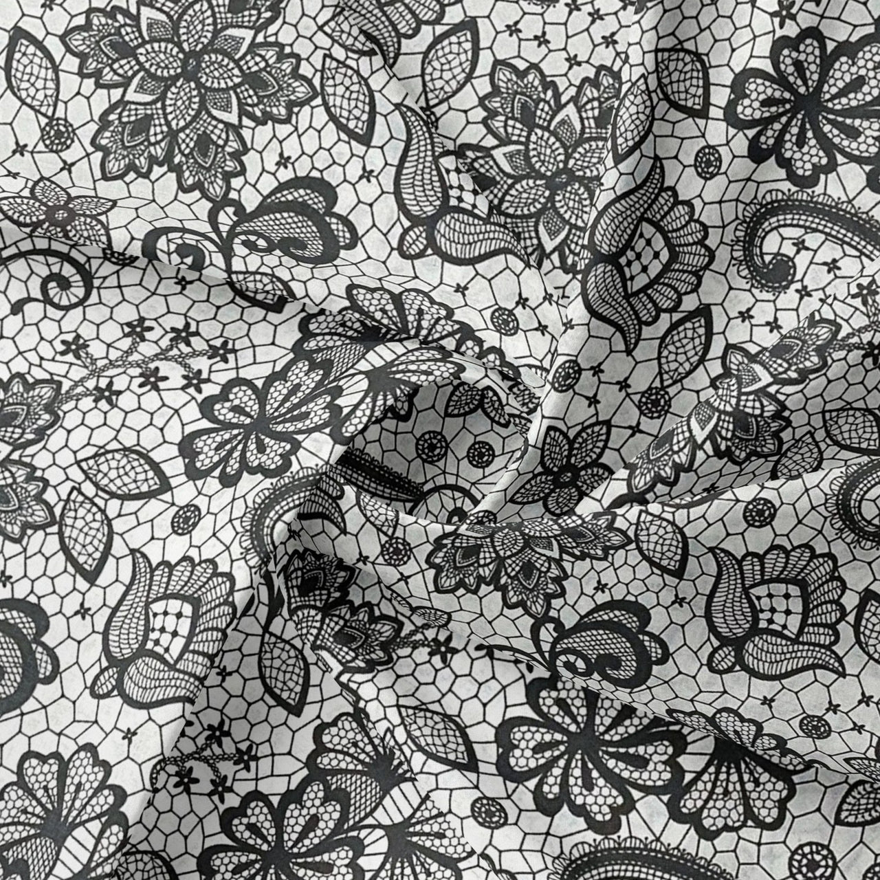 Cotton Fabric - Grey Lace on White