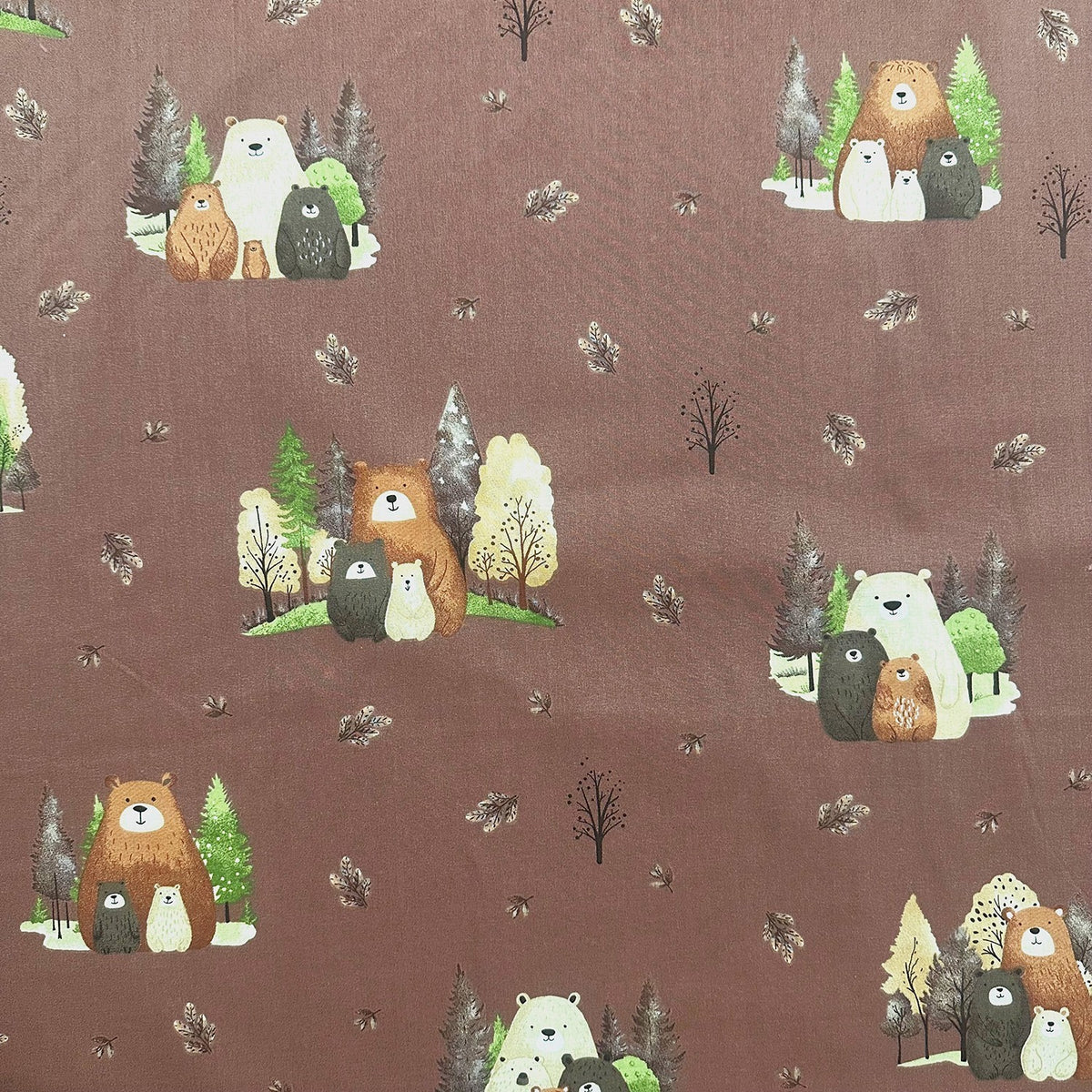 Cotton Fabric - Hugging Bears on Brown Background