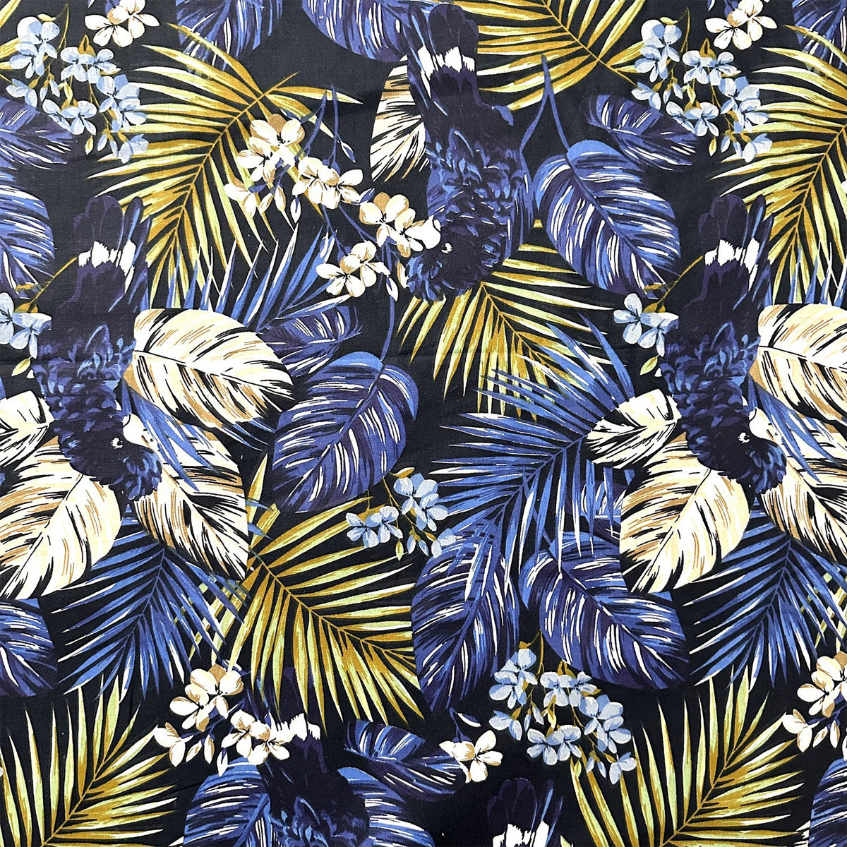 Cotton Fabric - Leaves, gold and navy blue