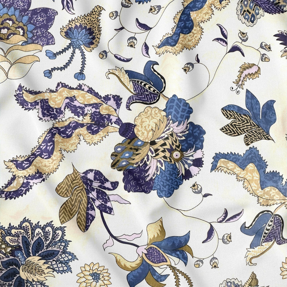 Cotton Fabric - Oriental pattern, Gold and Blue