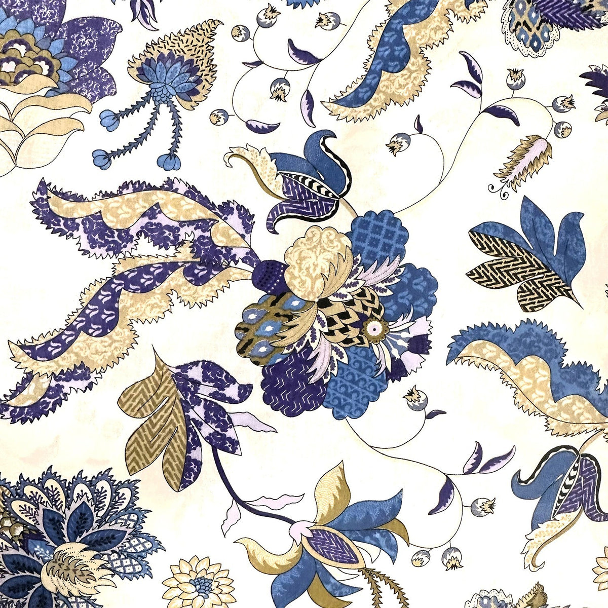 Cotton Fabric - Oriental pattern, Gold and Blue