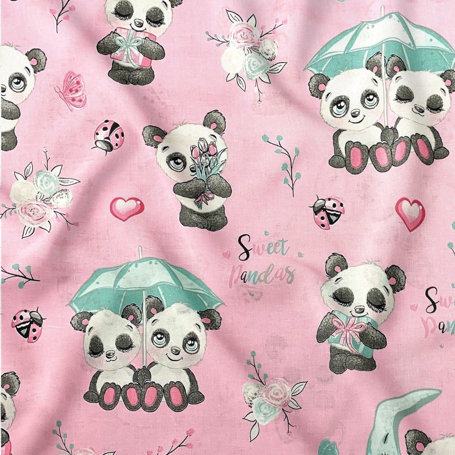 Cotton Fabric - Pastel Pandas, Pink