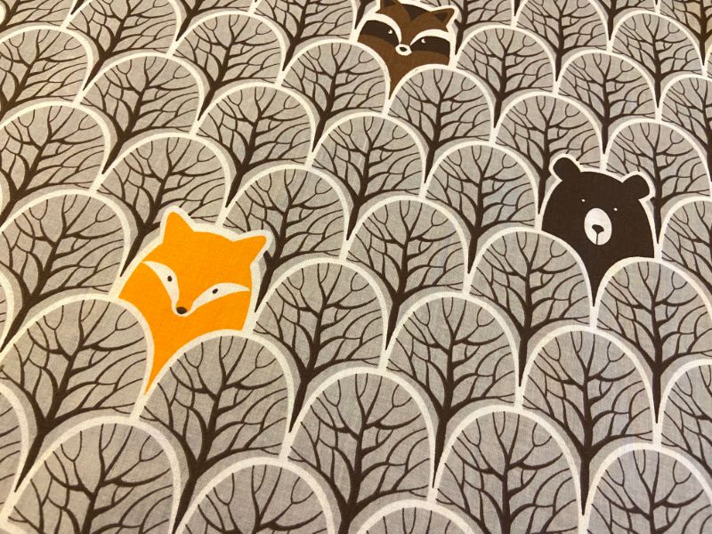 Cotton Fabric - Peek-A-Boo in the Forest Bear and Raccoon Grey
