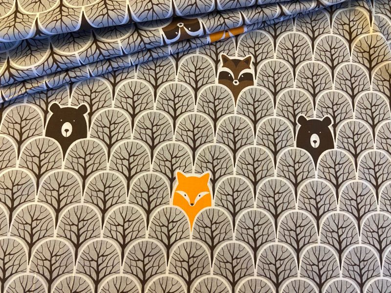 Cotton Fabric - Peek-A-Boo in the Forest Bear and Raccoon Grey