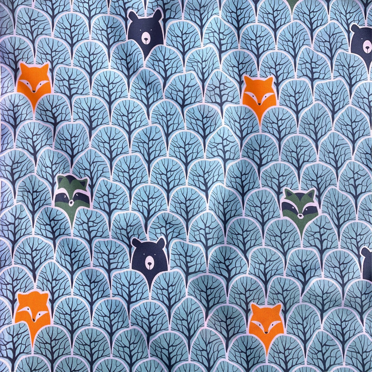 Cotton Fabric - Peek-A-Boo in the Forest Bear and Raccoon Mint