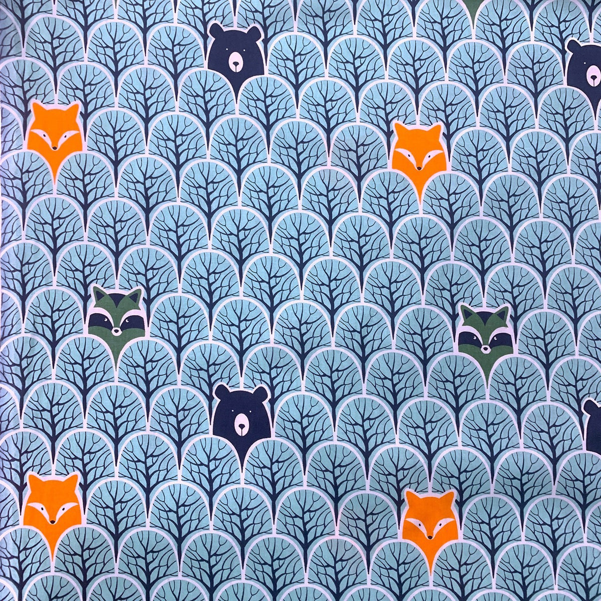 Cotton Fabric - Peek-A-Boo in the Forest Bear and Raccoon Mint