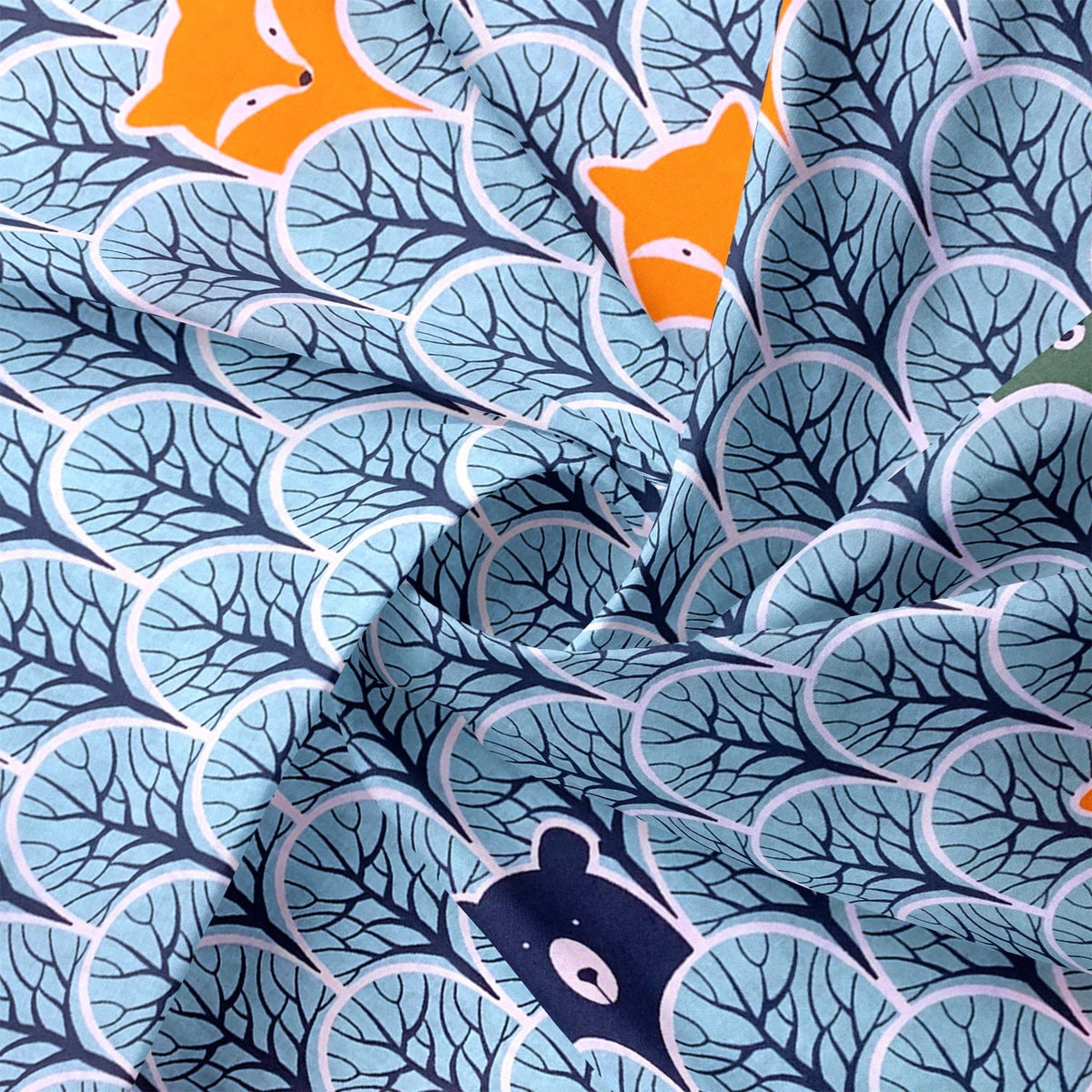 Cotton Fabric - Peek-A-Boo in the Forest Bear and Raccoon Mint