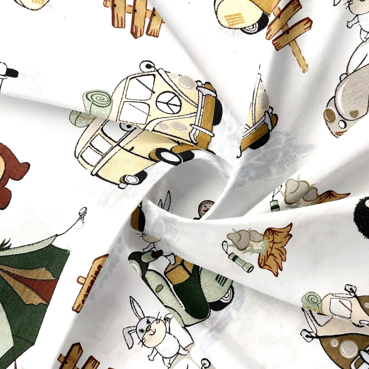 Cotton Fabric - Pets at the campsite, Green