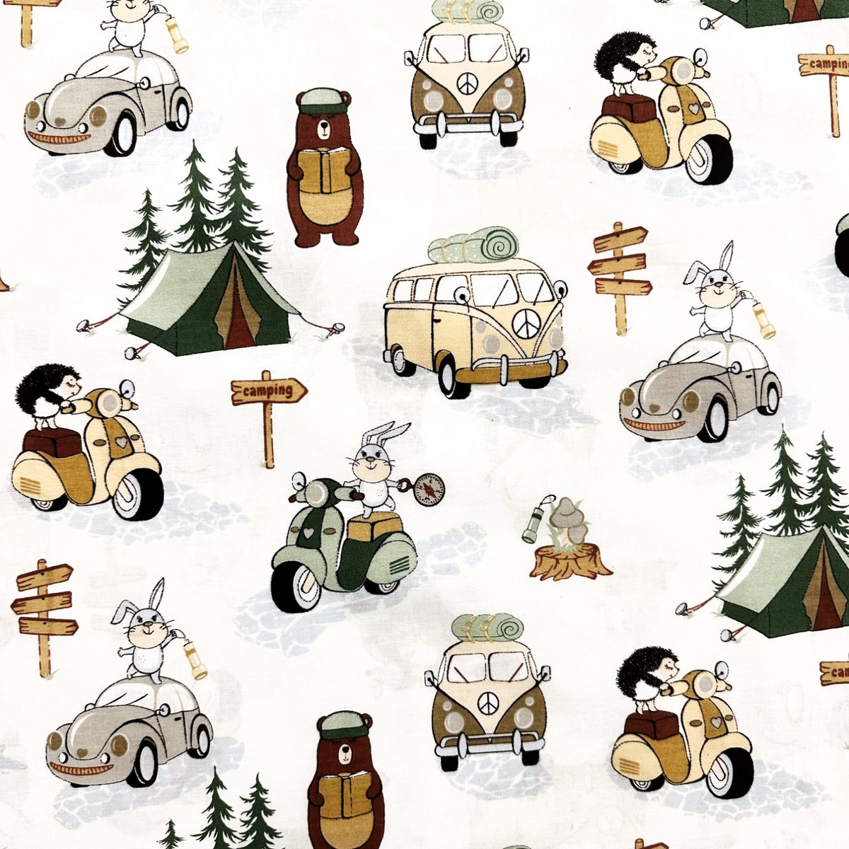 Cotton Fabric - Pets at the campsite, Green
