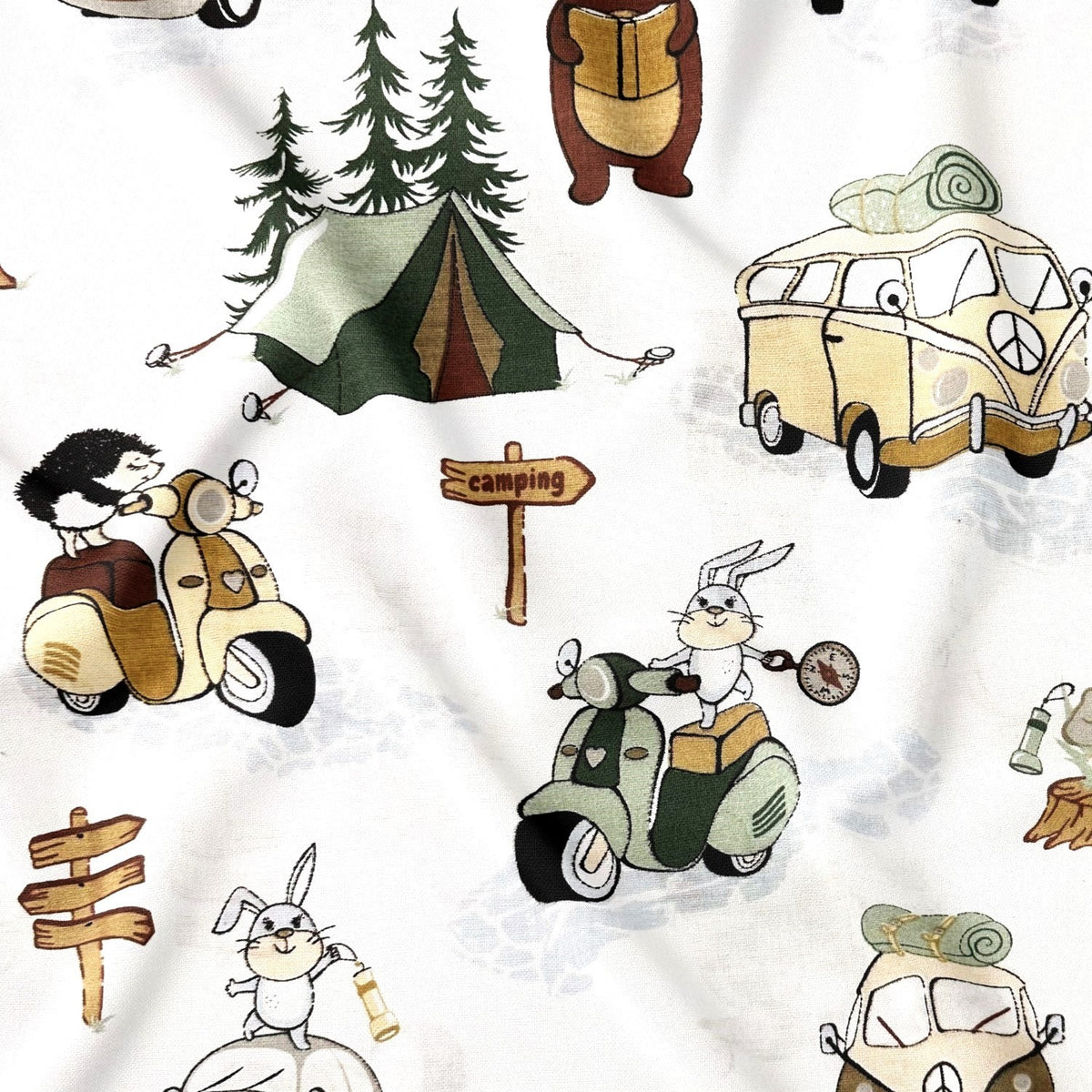 Cotton Fabric - Pets at the campsite, Green