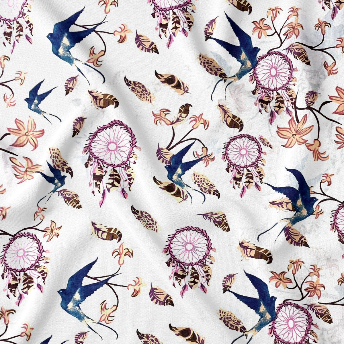 Cotton Fabric - Pink Dream Catchers and Swallows on White