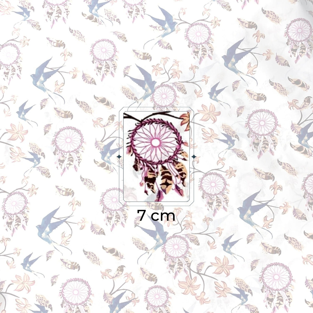 Cotton Fabric - Pink Dream Catchers and Swallows on White