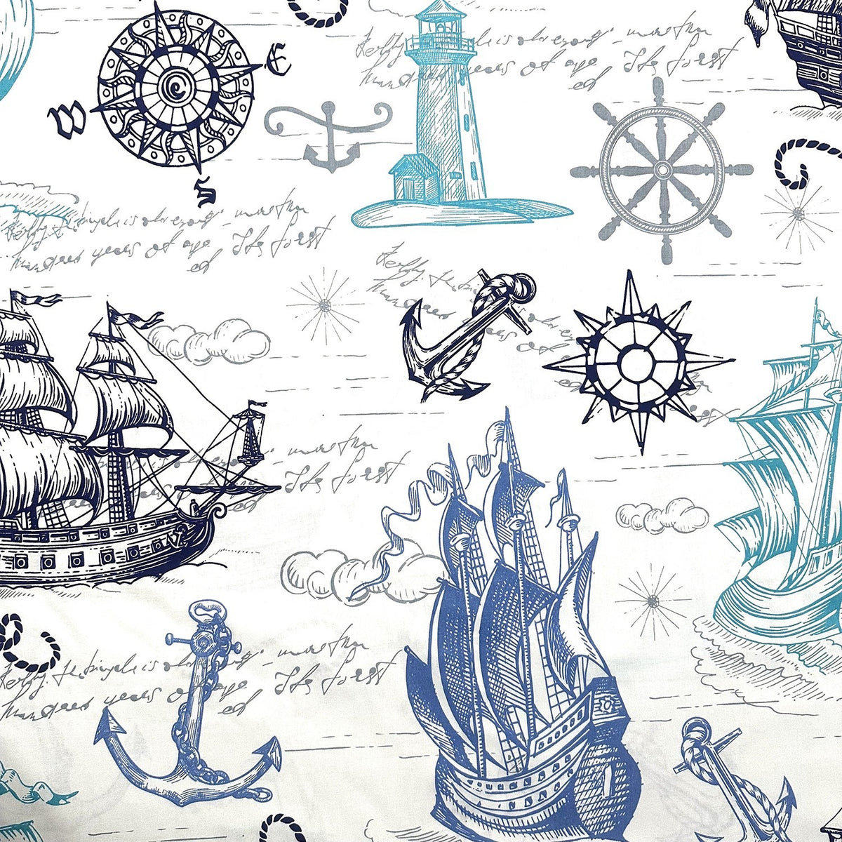Cotton Fabric - Ships, compass, and lighthouse in turquoise and navy blue
