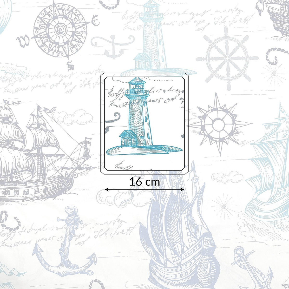 Cotton Fabric - Ships, compass, and lighthouse in turquoise and navy blue