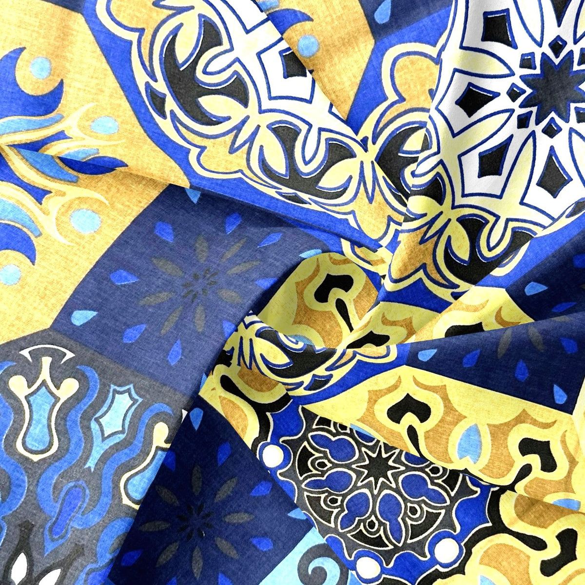 Cotton Fabric - Spanish Pattern, Gold and Navy blue