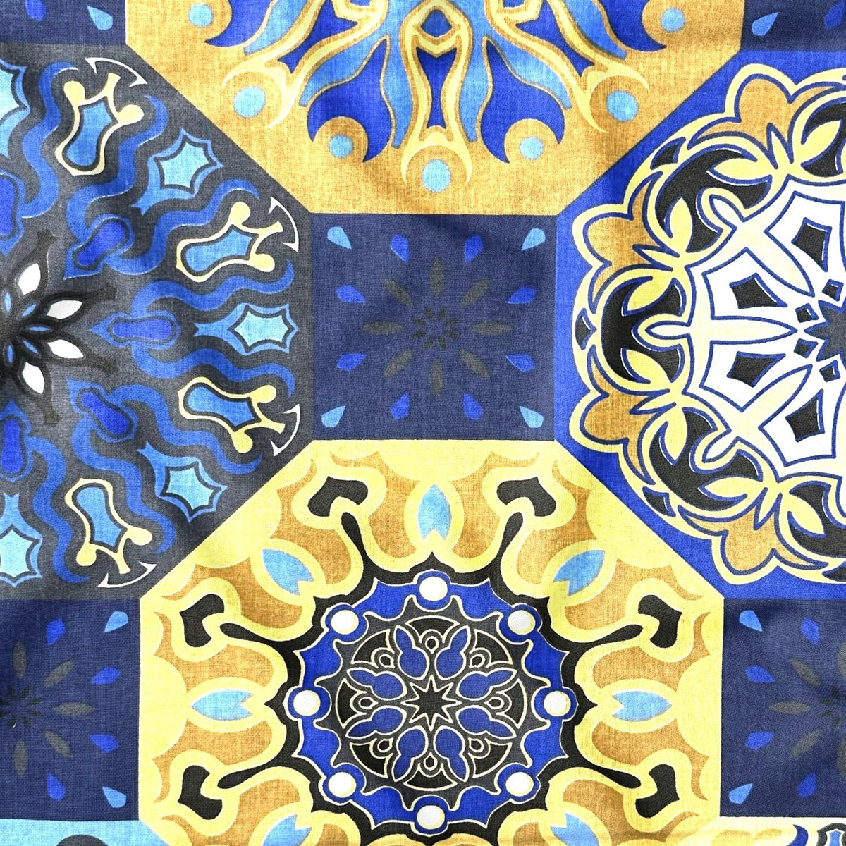 Cotton Fabric - Spanish Pattern, Gold and Navy blue