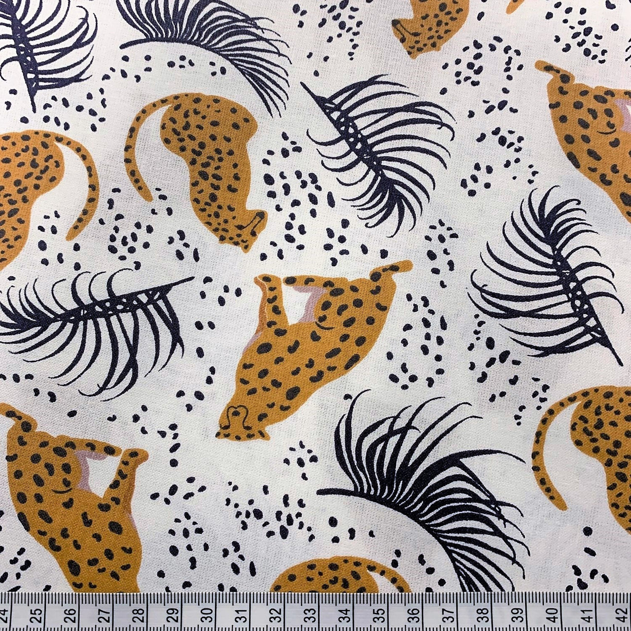 Cotton Fabric - Tigers Palm Leaves and Stains on White