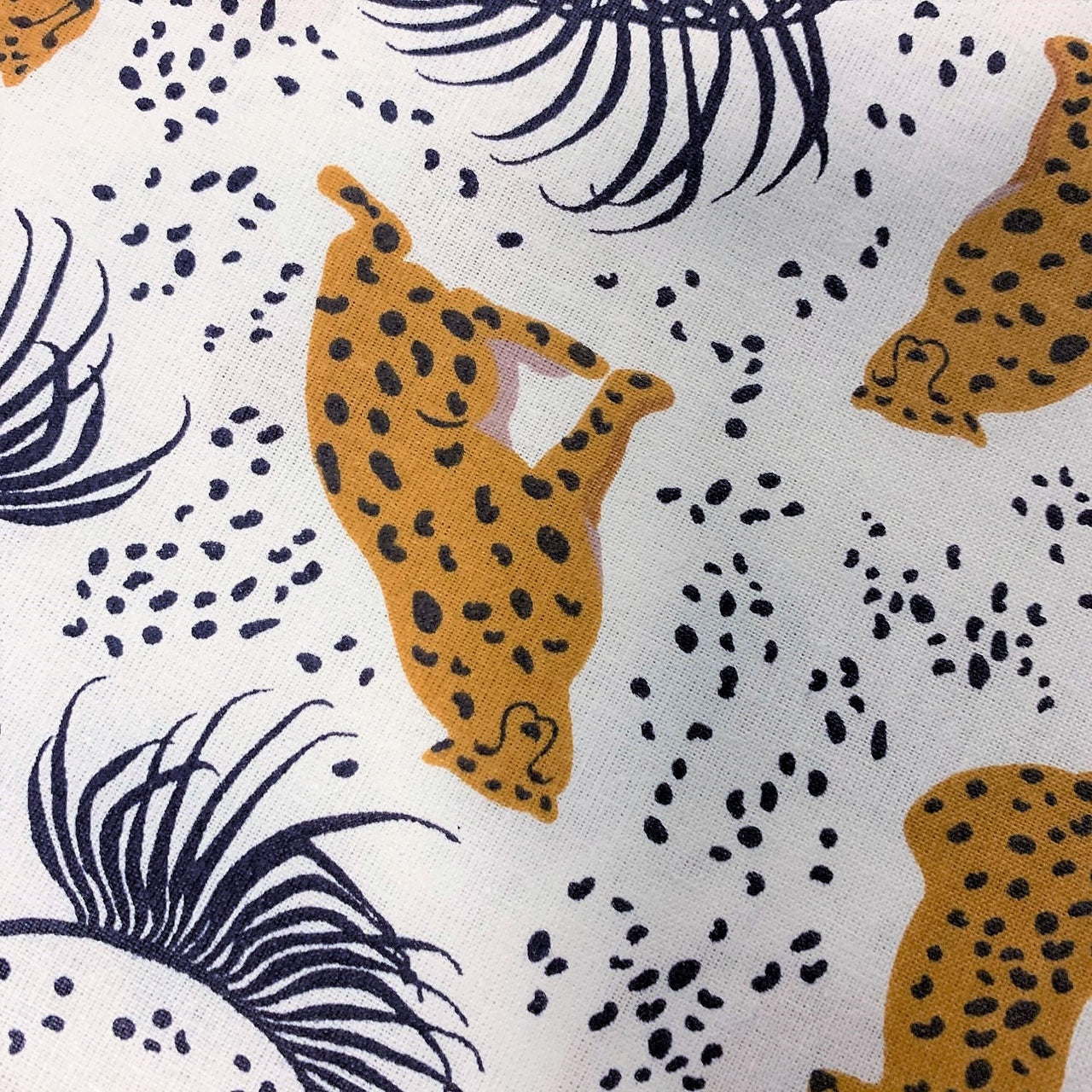 Cotton Fabric - Tigers Palm Leaves and Stains on White