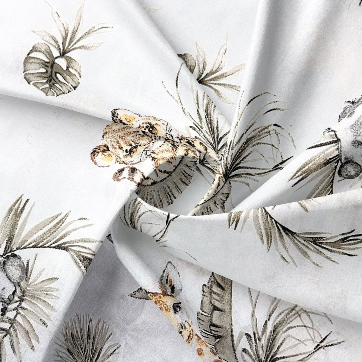 Cotton Fabric - Young safari animals and palm trees