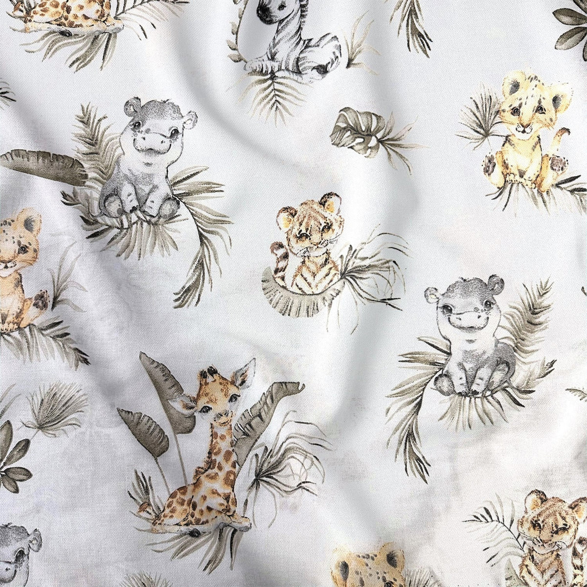 Cotton Fabric - Young safari animals and palm trees
