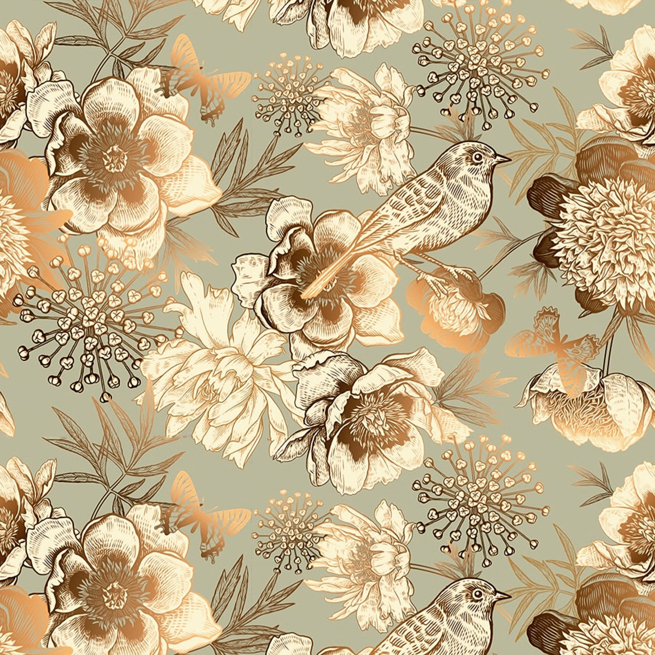 Water Resistant Fabric Oxford - Bird Manor, sage