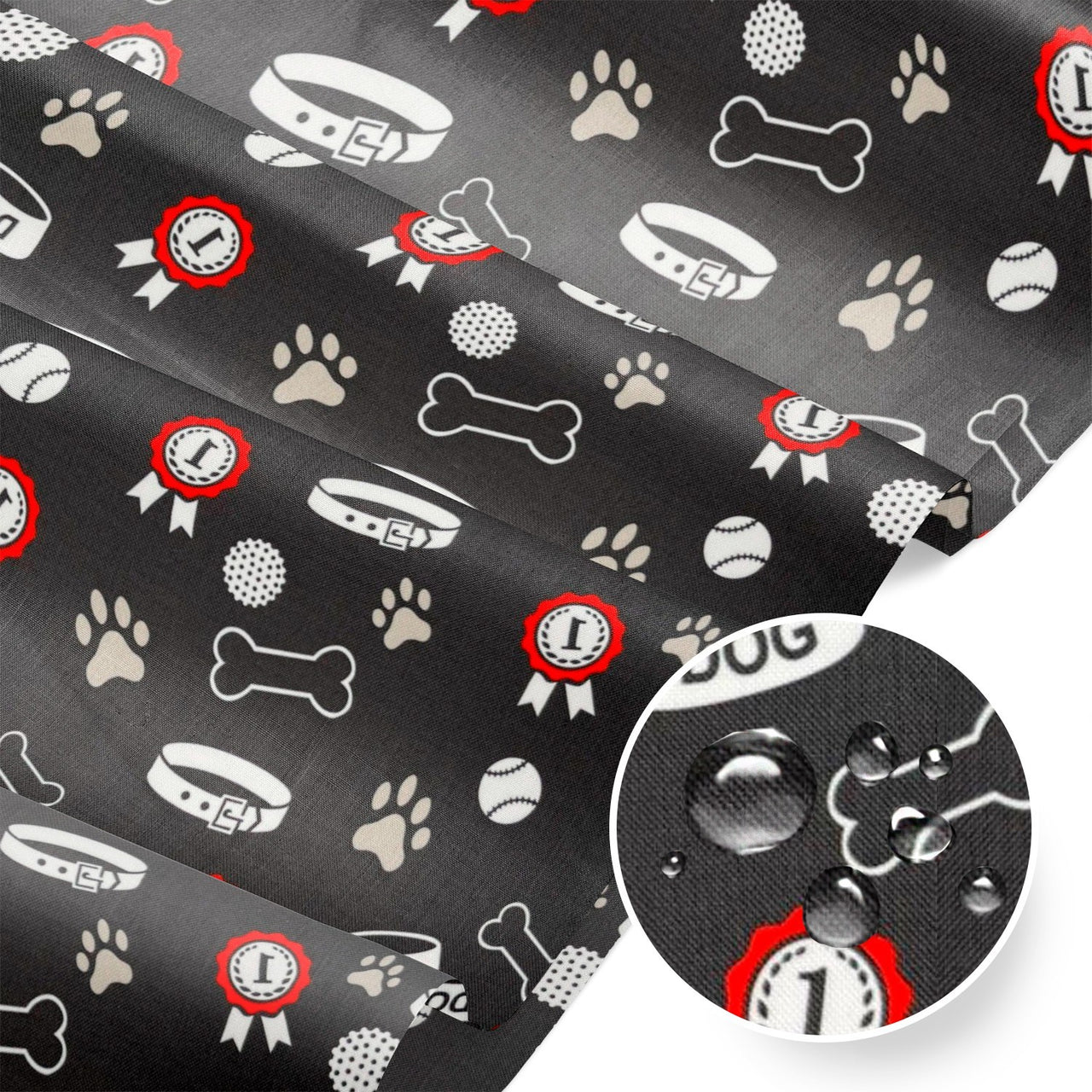 Water Resistant Fabric Oxford - Dog's paw, bowl and medal - Black